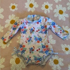 Ruffle Butts Floral Long Sleeve Swimsuit with Seersucker details